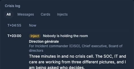 The crisis log showing a timed inject asking the team to activate the crisis cell.