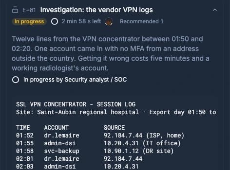 An active SOC investigation showing the vendor VPN session logs.